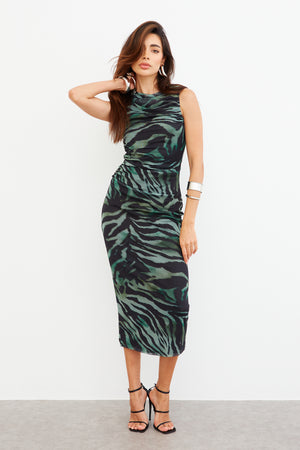 Zebra Mesh Maxi Dress in Green