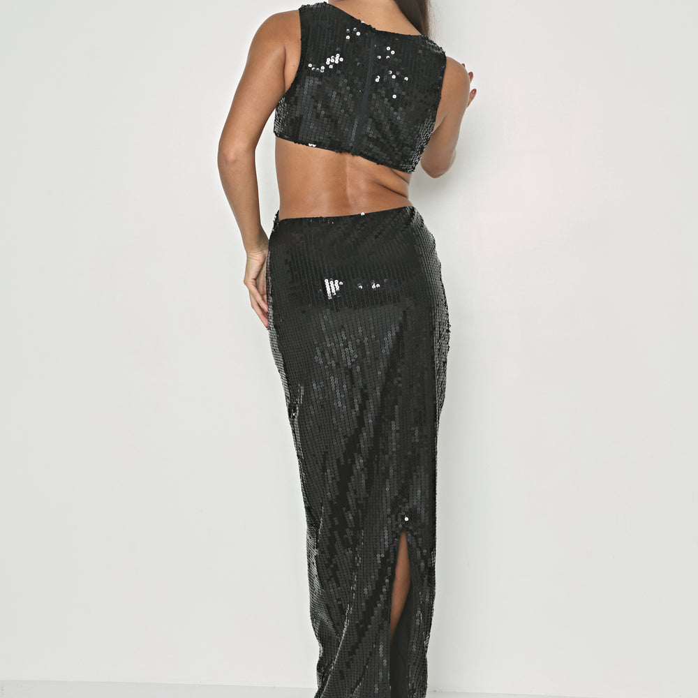 
                      
                        SEQUIN CUT OUT MAXI DRESS
                      
                    