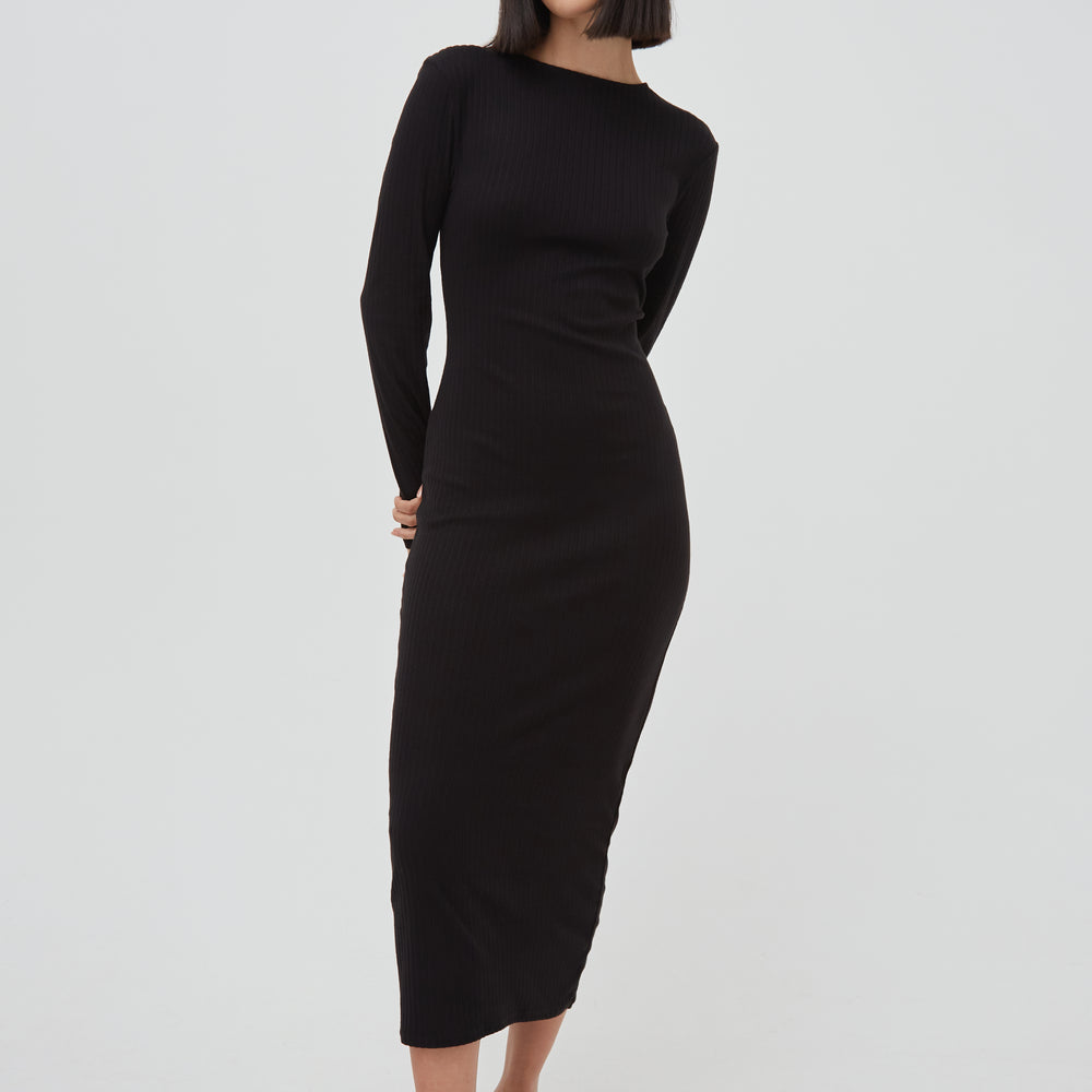 Soft Rib Crew Neck Midaxi Dress in Black