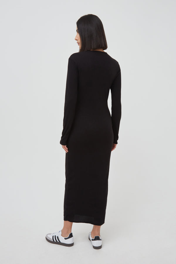 Soft Rib Crew Neck Midaxi Dress in Black