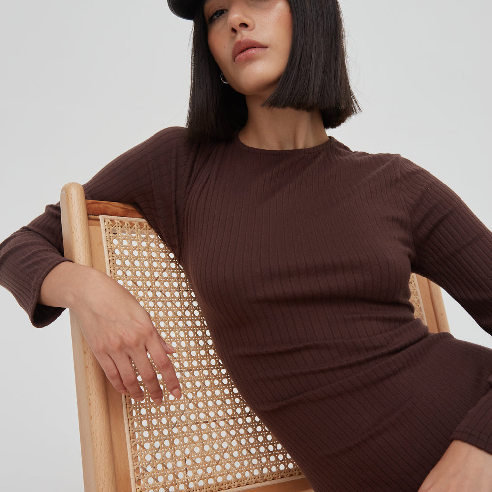 
                      
                        Soft Rib Crew Neck Midaxi Dress in Brown
                      
                    