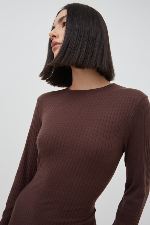 Soft Rib Crew Neck Midaxi Dress in Brown