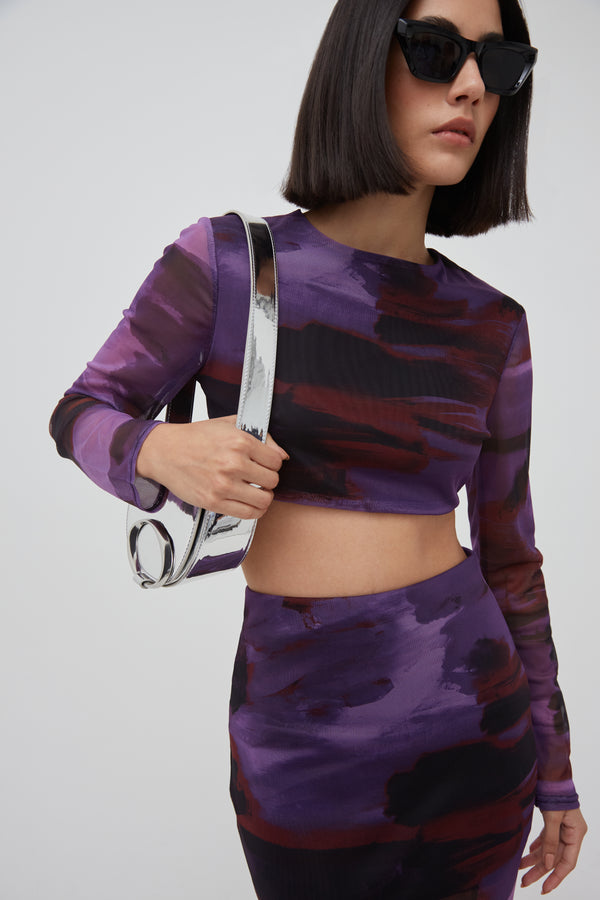 ABSTRACT MESH LONG SLEEVE CROP TOP