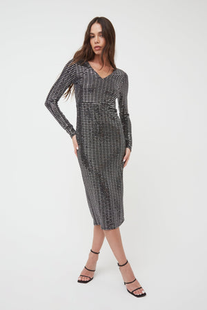 METALLIC V NECK MIDI DRESS