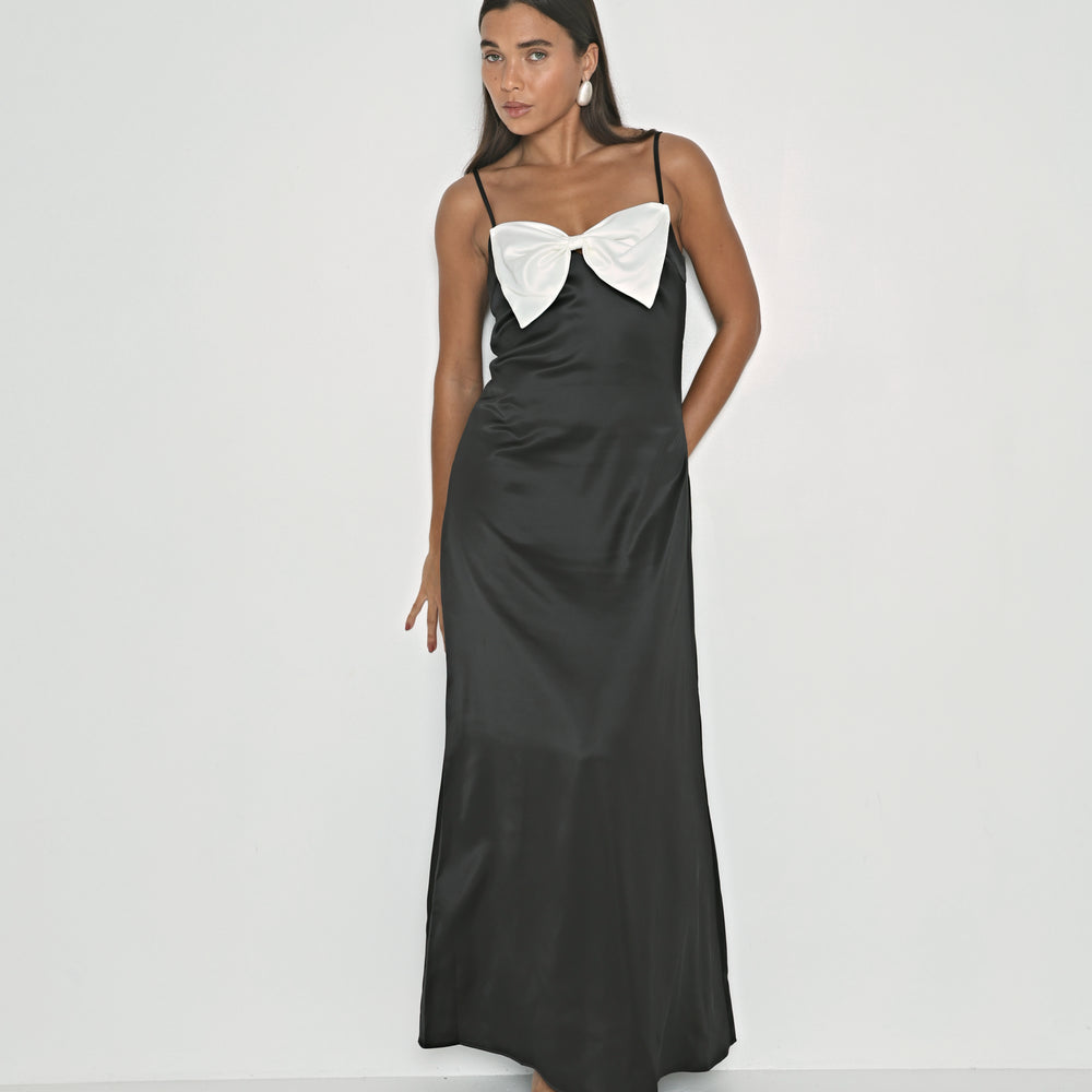 SATIN CONTRAST BOW DETAIL SLIP DRESS