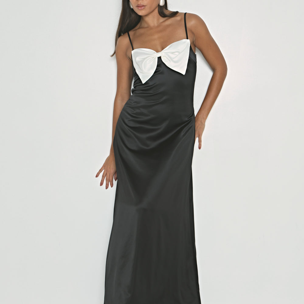 SATIN CONTRAST BOW DETAIL SLIP DRESS