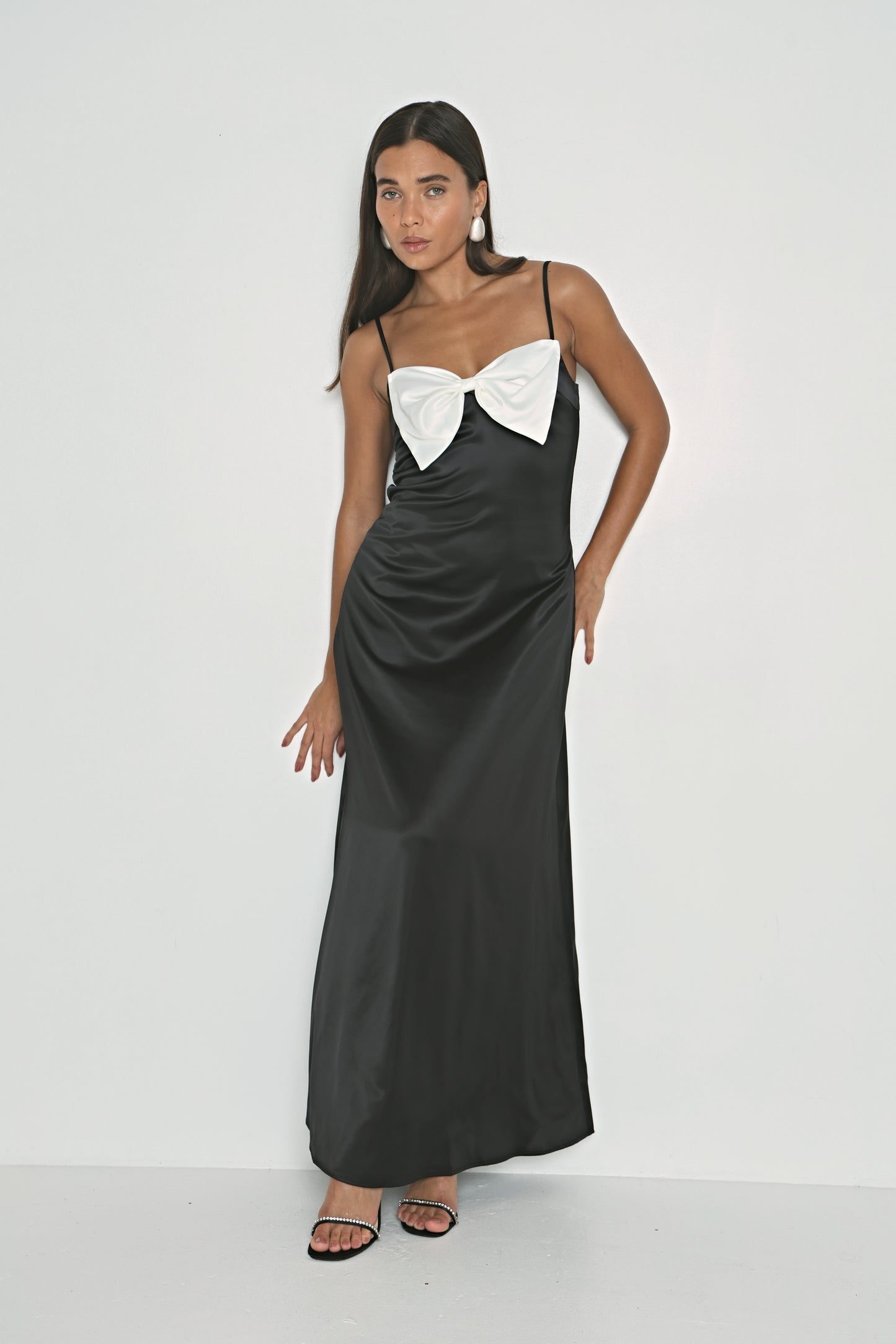 SATIN CONTRAST BOW DETAIL SLIP DRESS