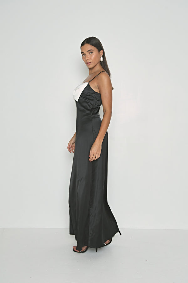 SATIN CONTRAST BOW DETAIL SLIP DRESS