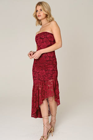 LACE STRUCTURED BANDEAU ASYMMETRIC DRESS